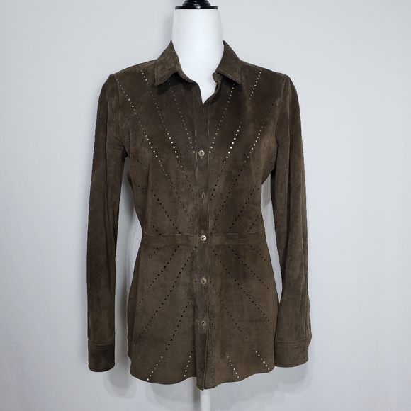 Ecru Perforated Suede Button Shirt in Taupe - Picture 2 of 7